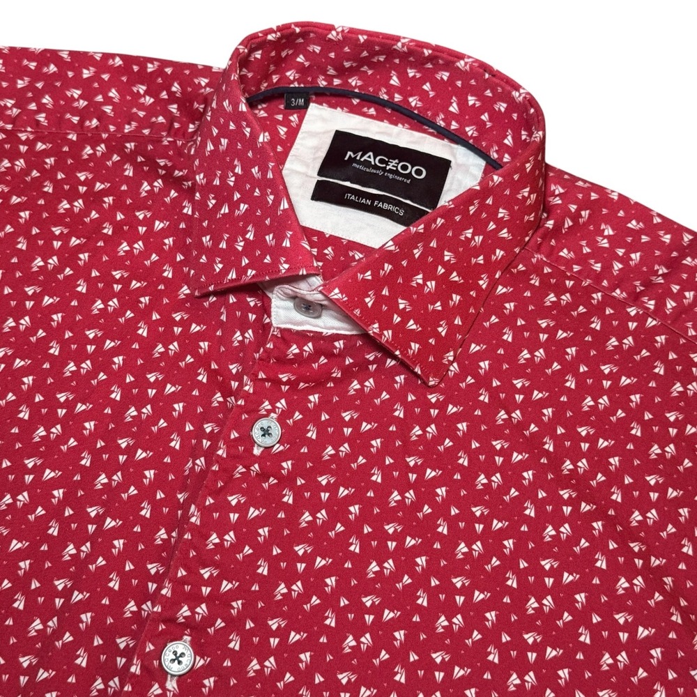 Maceoo Mens Medium Red Fresh Paper Plane Print Short Sleeve Button Down Shirt